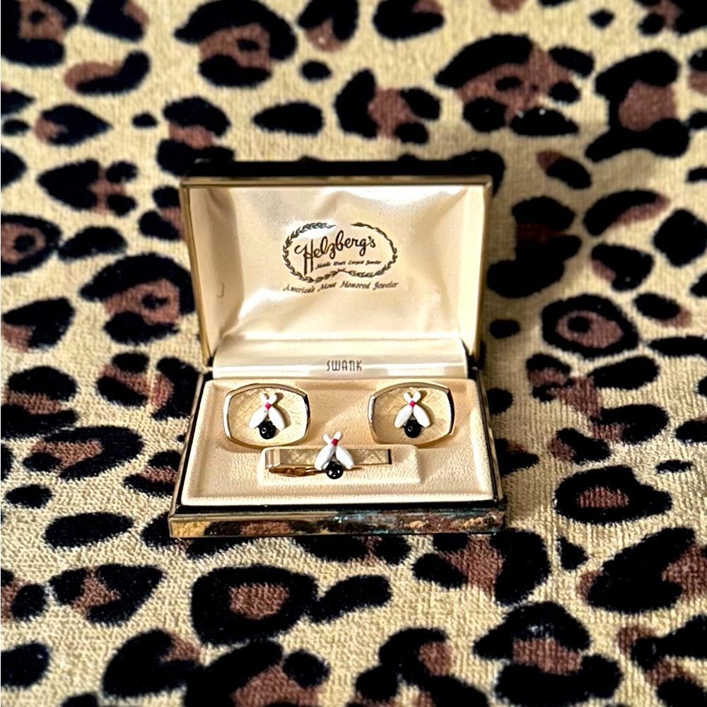 Bowling Pins & Ball-Tie Clasp and Cuff Links by SWANK-So Vintage & Very Rare!🎳